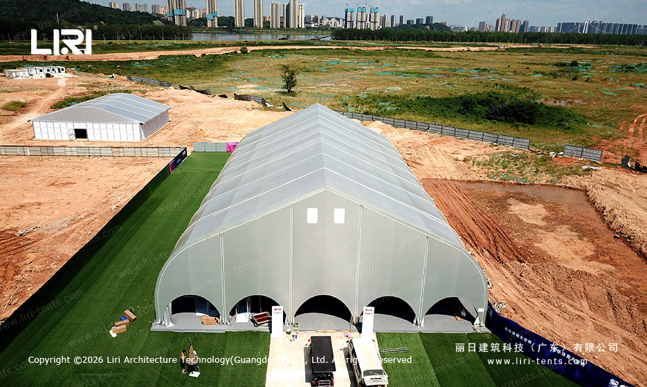 Clear-Span TFS Curve Tent — Aerial Front Elevation