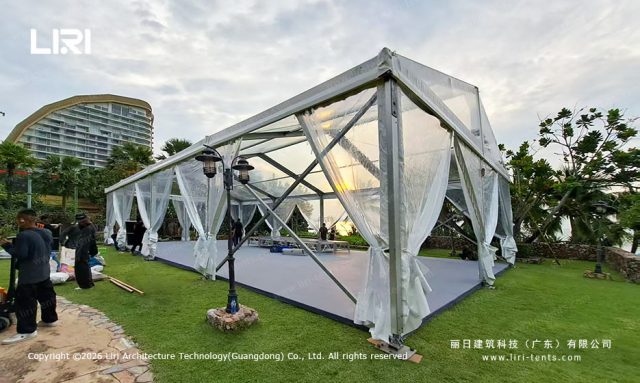 Clear-Span-Tent-Side-View-Sunset-Lighting