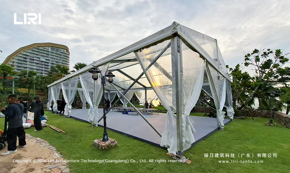 Clear Span Tent Side View Sunset Lighting