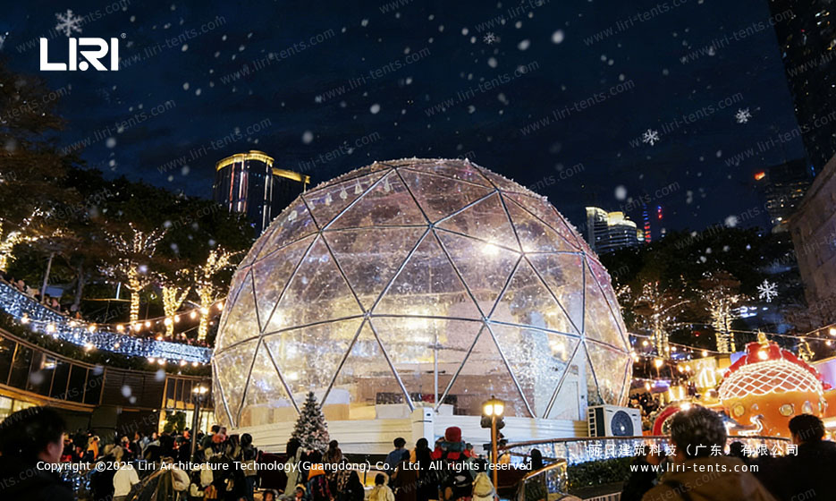 Geodesic Dome Tent Christmas Market Night View with City Backdrop
