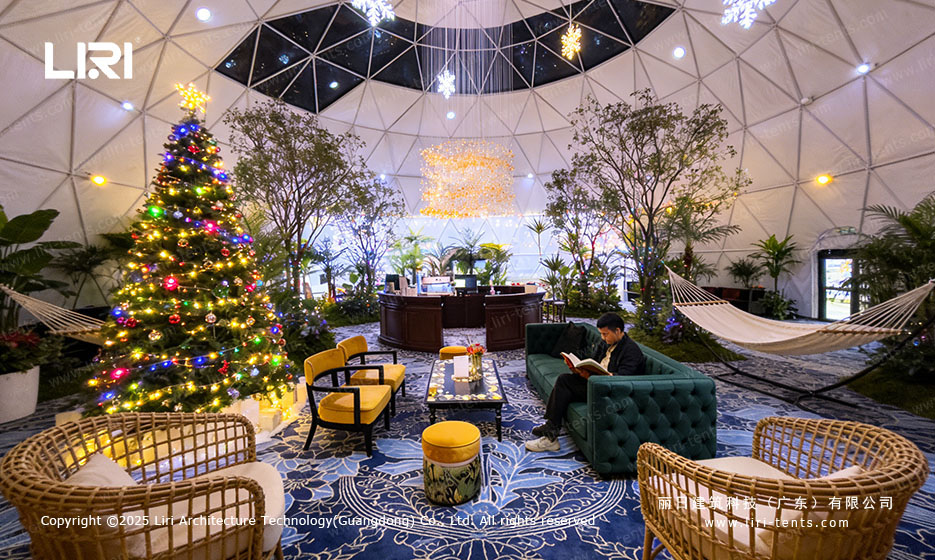 Geodesic Dome Tent Entrance with Christmas Tree Decoration