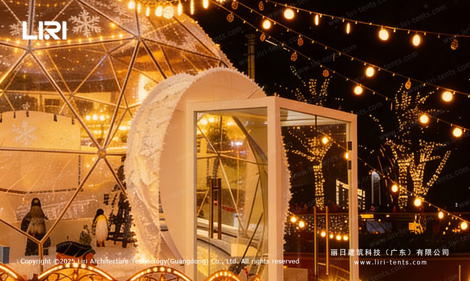 Geodesic Dome Tent Entrance with Warm Event Lighting