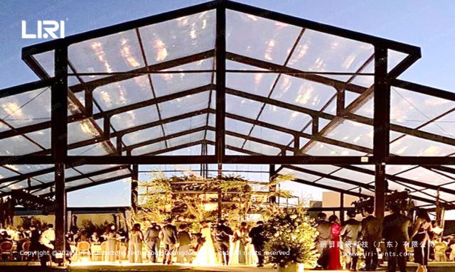 Dance floor and stage inside PM30m Pastoral Marquee - wedding reception, transparent roof, glass walls, Mexico venue