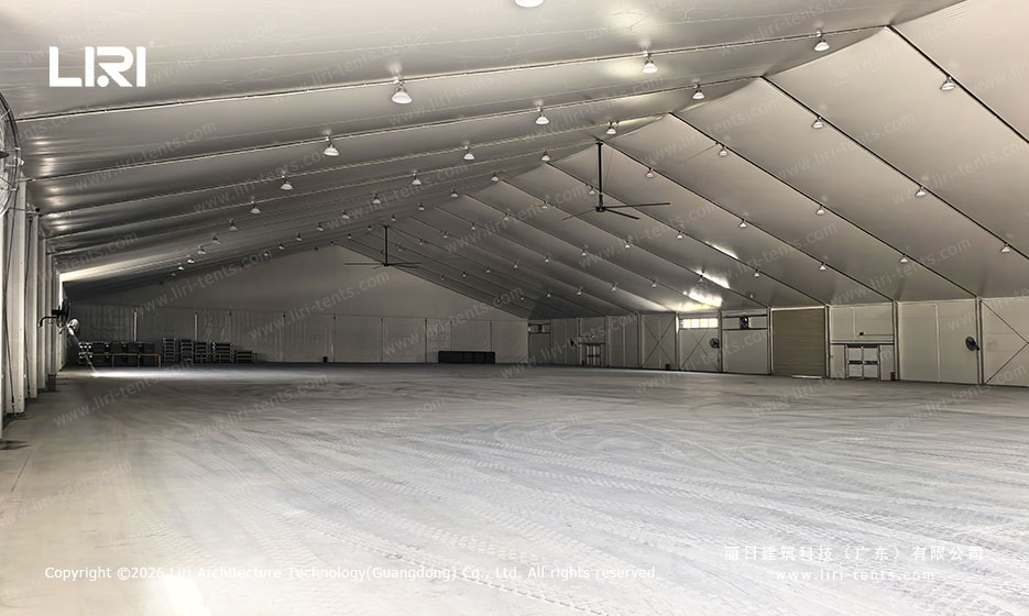 Aircraft hangar tent interior storage and maintenance space