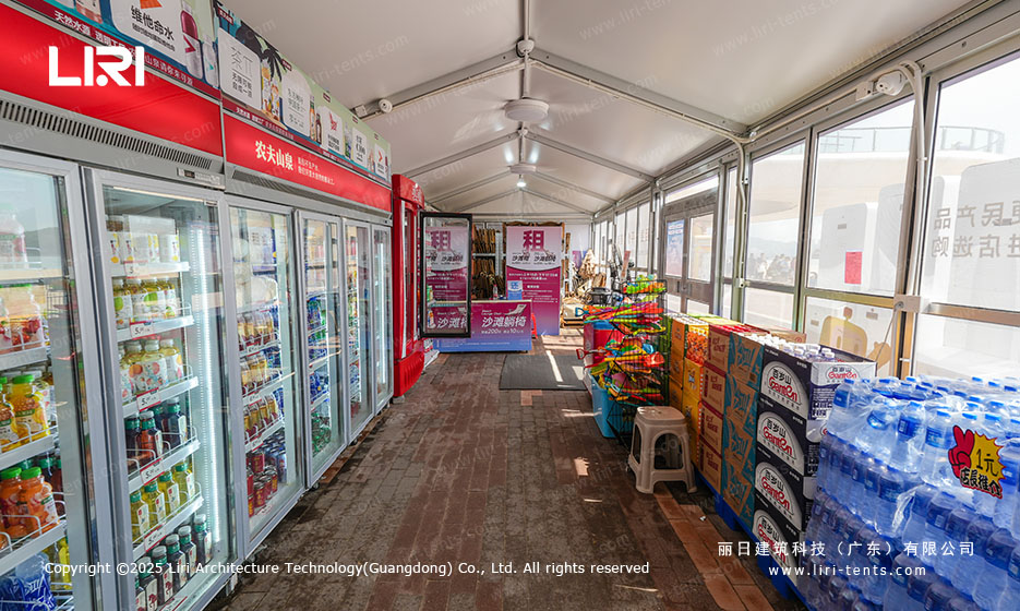 Beachside shop canopy tent deployed in busy tourist area