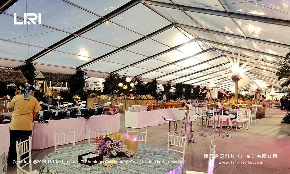 Buffet stations inside clear span marquee