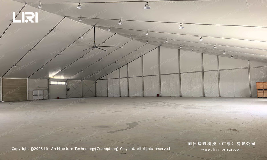 Clear span hangar tent interior ceiling with ventilation fans