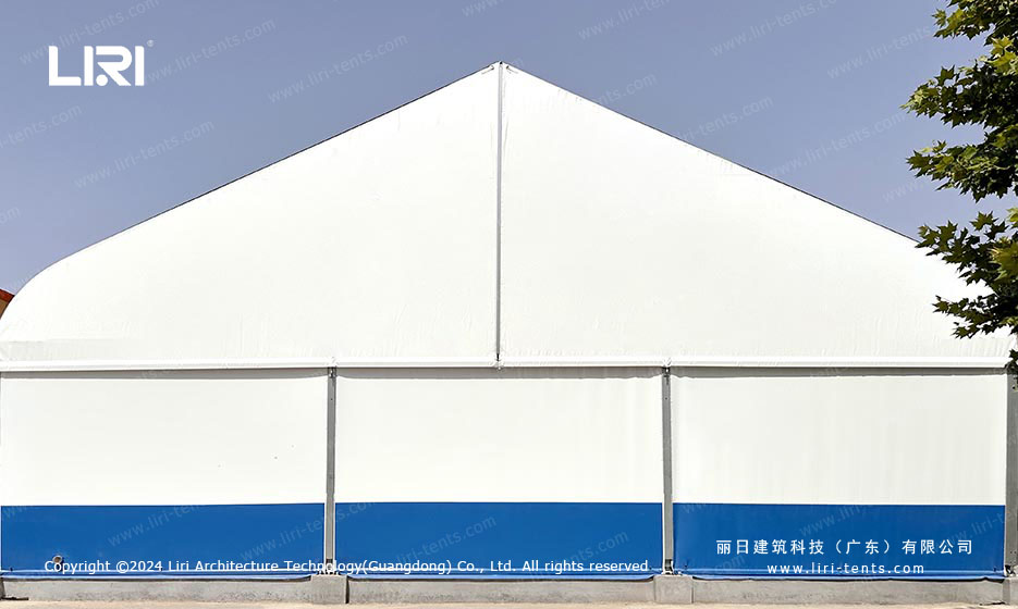 aluminum frame tent gable front view white and blue color scheme