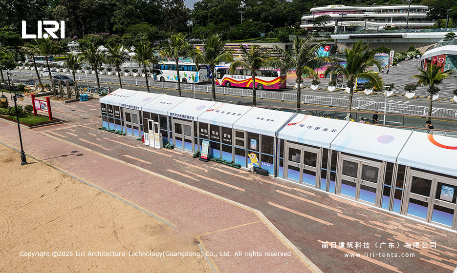 Custom-sized commercial tent repurposed as a beachside retail storefront