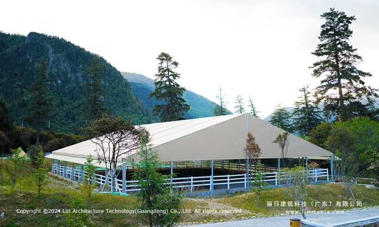 30m x 35m equestrian arena tent exterior at mountain horse riding centre