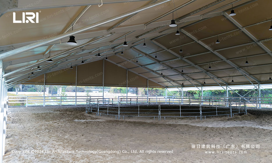 Equestrian covered arena shelter with suspended LED lighting and perimeter rail