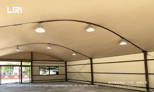 Interior View of Curved Roof Party Tent with Ceiling Fans