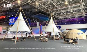 5x5m lantern tipi tent and panorama dome inside aviation trade show exhibition hall