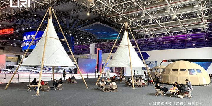 5x5m Lantern Tipi Tent & Panorama Globe Dome: Aviation Expo Lounge Setup