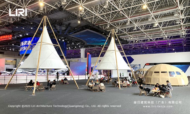 5x5m lantern tipi tent and panorama dome inside aviation trade show exhibition hall