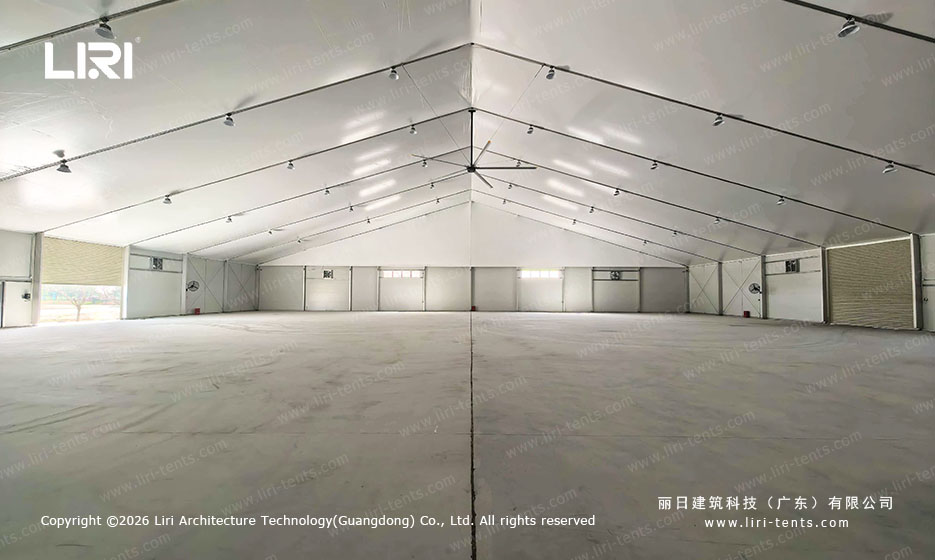 Large clear span hangar tent interior space