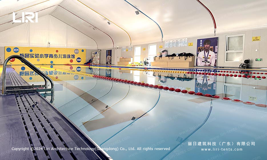 stainless steel pool ladder and anti-slip grating deck detail inside tent