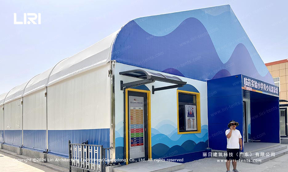 pool tent entrance with wave pattern design and yellow door frame
