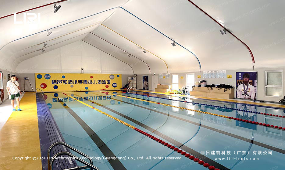 swimming pool tent interior wide angle showing deck and coaching area