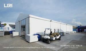 A-frame event tent at Sanya Formula E paddock serving as broadcast support facility