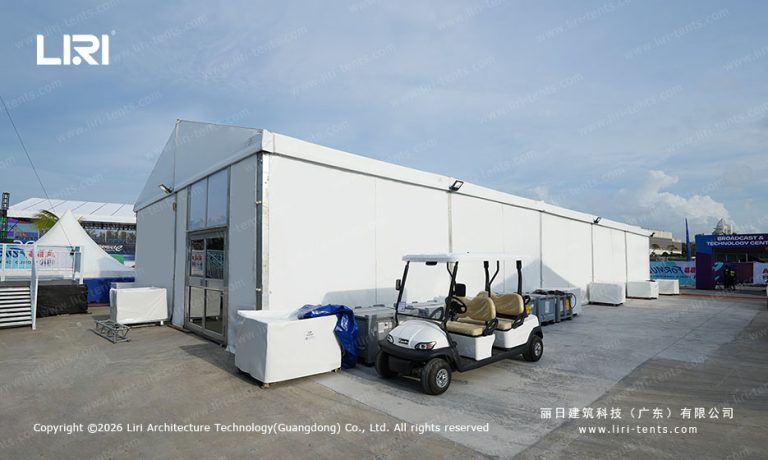 A-frame event tent at Sanya Formula E paddock serving as broadcast support facility