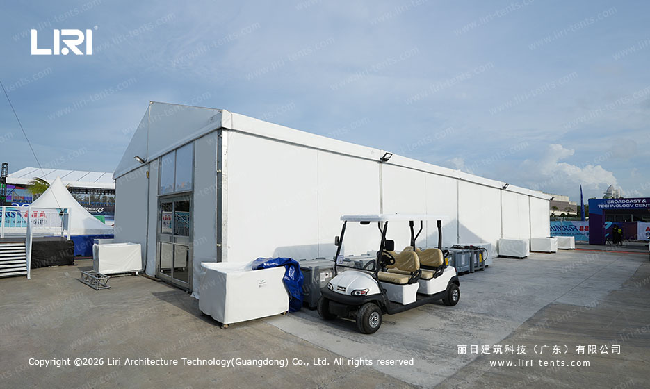 A-frame event tent at Sanya Formula E paddock serving as broadcast support facility