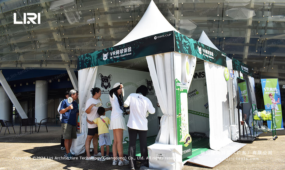white pagoda tent set up for VR tennis experience activation at tennis event
