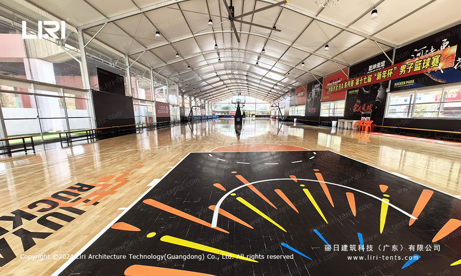 Case study of a clear span sports court tent used as indoor basketball arena at Liuyang Rucker Park. Features aluminum frame structure, natural light, multi-court configuration, and commercial sports facility economics.