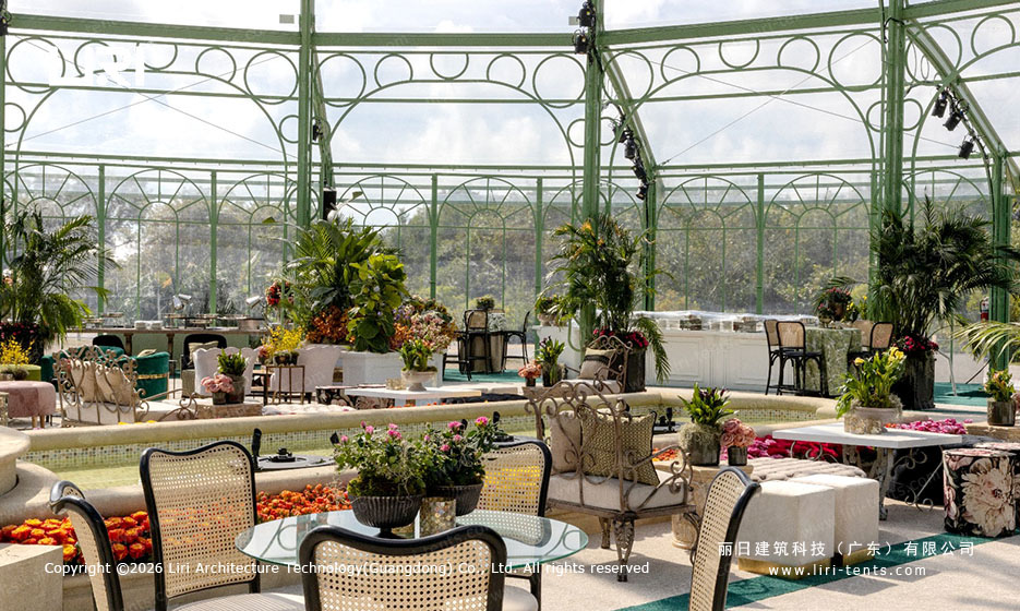 Arcum Aluminum Orangery Lounge Plant Display arcum aluminum orangery interior lounge with green frame, classical chairs, and floral plant displays
