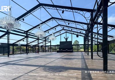 Aluminum Orangery 25x35m | Black Frame Glass Conservatory in an Orchard