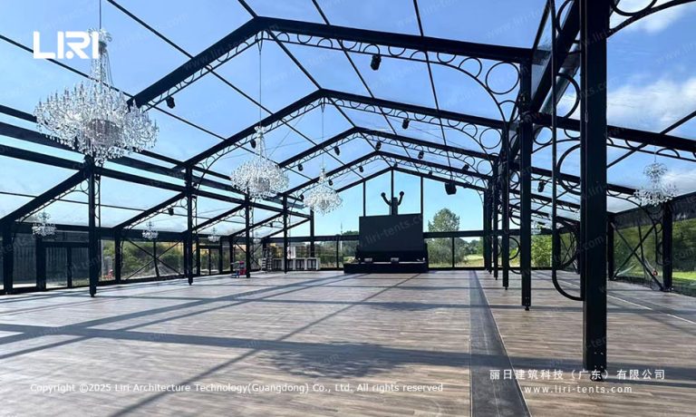 aluminum orangery 25x35m interior with black aluminum frame and crystal chandeliers