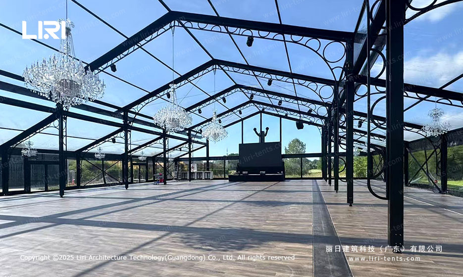 aluminum orangery 25x35m interior with black aluminum frame and crystal chandeliers