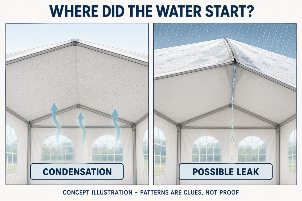 Concept illustration comparing scattered droplets beneath an intact tent roof with a localized drip at a possible leaking seam