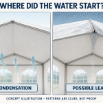 Concept illustration comparing scattered droplets beneath an intact tent roof with a localized drip at a possible leaking seam