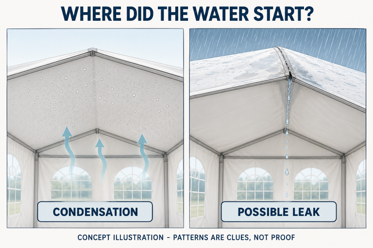Concept illustration comparing scattered droplets beneath an intact tent roof with a localized drip at a possible leaking seam