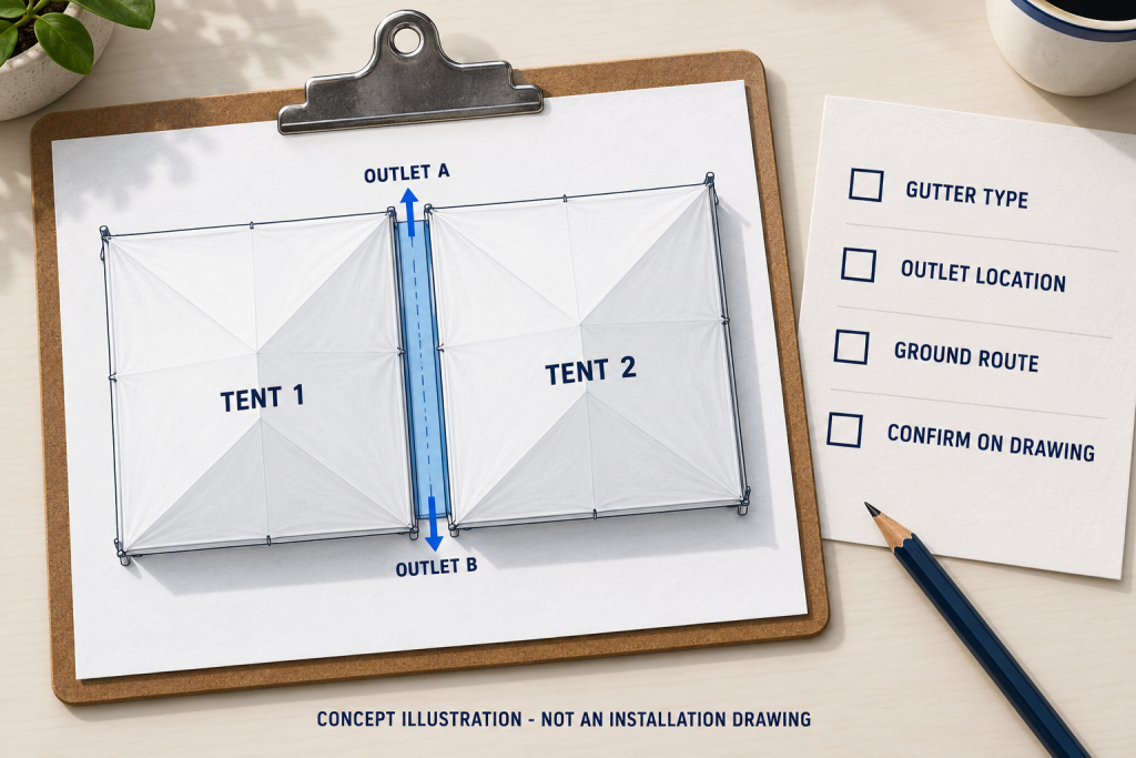 Concept sketch of two adjacent tent roofs with a connecting gutter, outlets A and B, and a checklist for the outlet and ground route