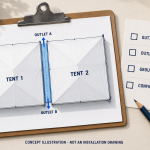 Concept sketch of two adjacent tent roofs with a connecting gutter, outlets A and B, and a checklist for the outlet and ground route