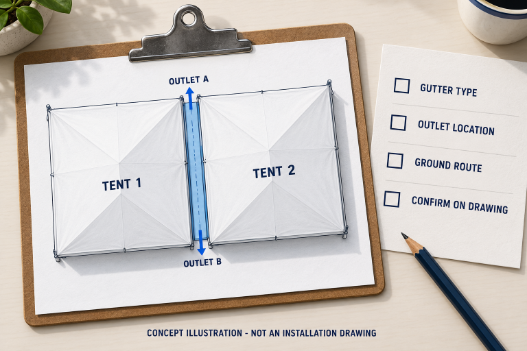 Concept sketch of two adjacent tent roofs with a connecting gutter, outlets A and B, and a checklist for the outlet and ground route