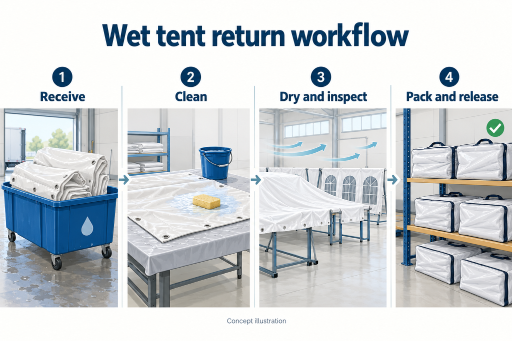 Concept illustration of tent fabric receiving, sponge cleaning, drying on supports, and packing in bags on a raised shelf