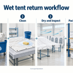 Concept illustration of tent fabric receiving, sponge cleaning, drying on supports, and packing in bags on a raised shelf